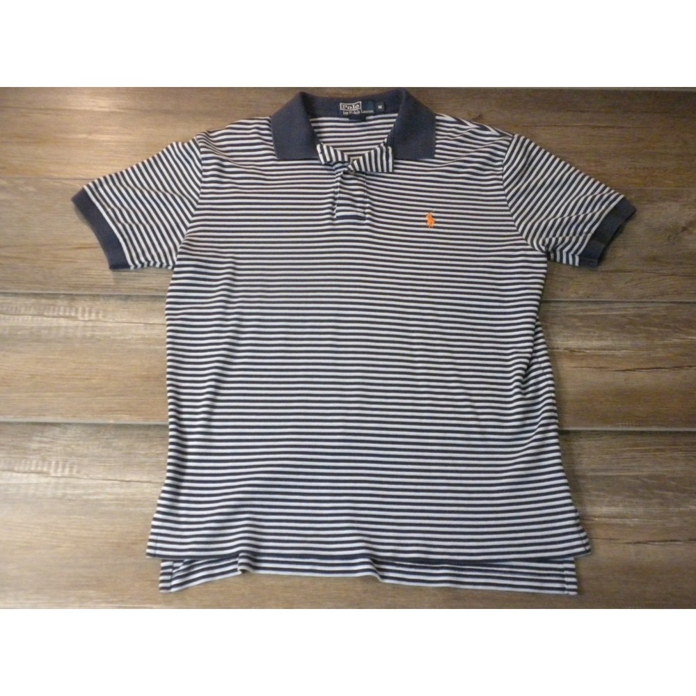 Polo Ralph Lauren Polo Shirt Mens M Blue Striped Orange Pony Vintage 90s Preppy